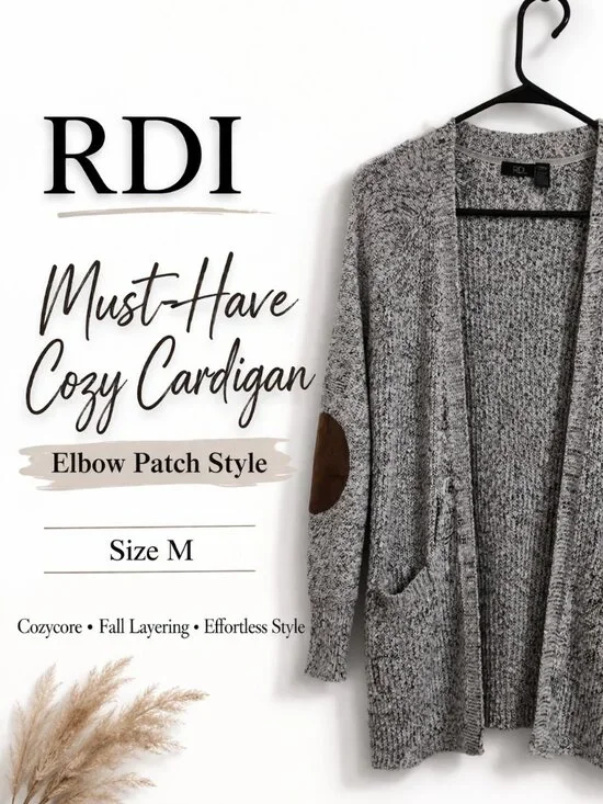 RDI Marled Knit Open Cardigan Size M Gray Elbow Patch Cozy Layering Sweater - Picture 2 of 13